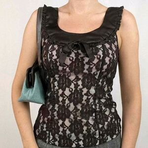 Y2K Studio Y Brown Lace Coquette Top Sz XL